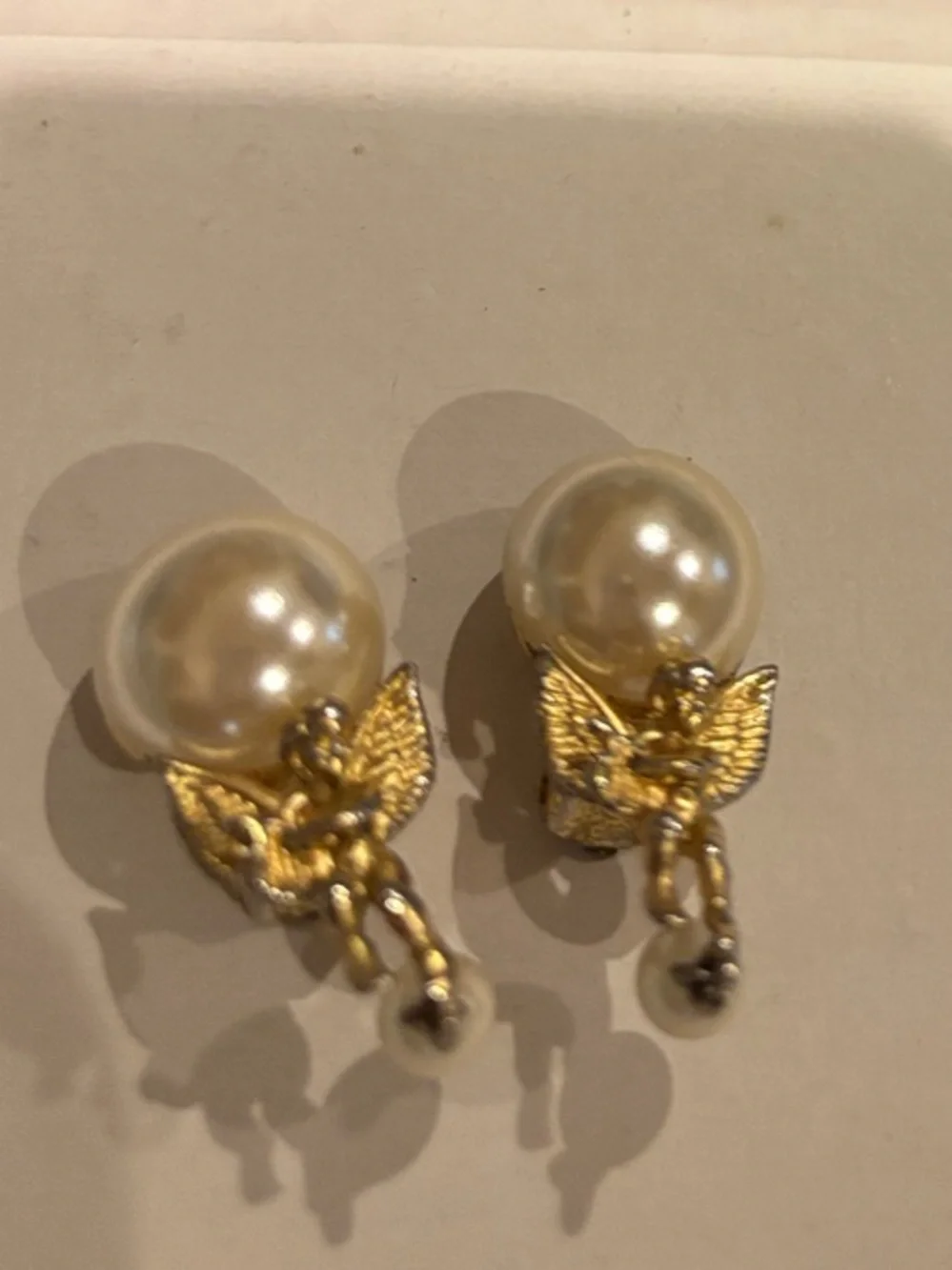 Pearl and Gold Cherub Drop Earrings